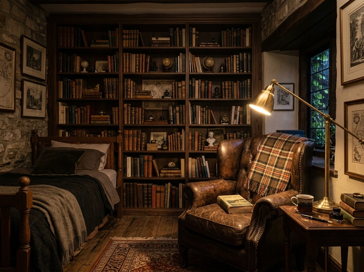 A Dark Academia Bedroom Built Around One Bookshelf Wall
