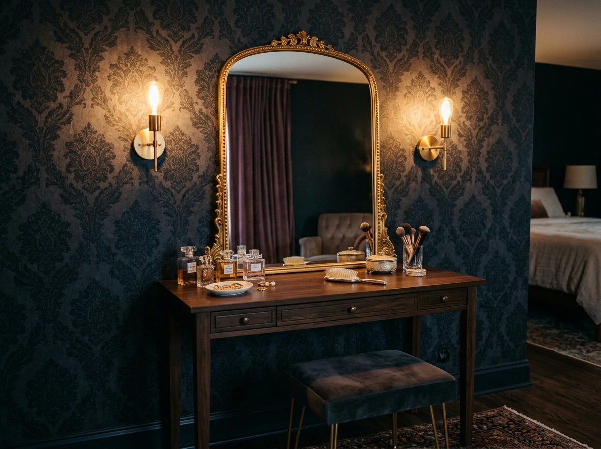 A Dark, Patterned Wallpaper Behind the Vanity Alone