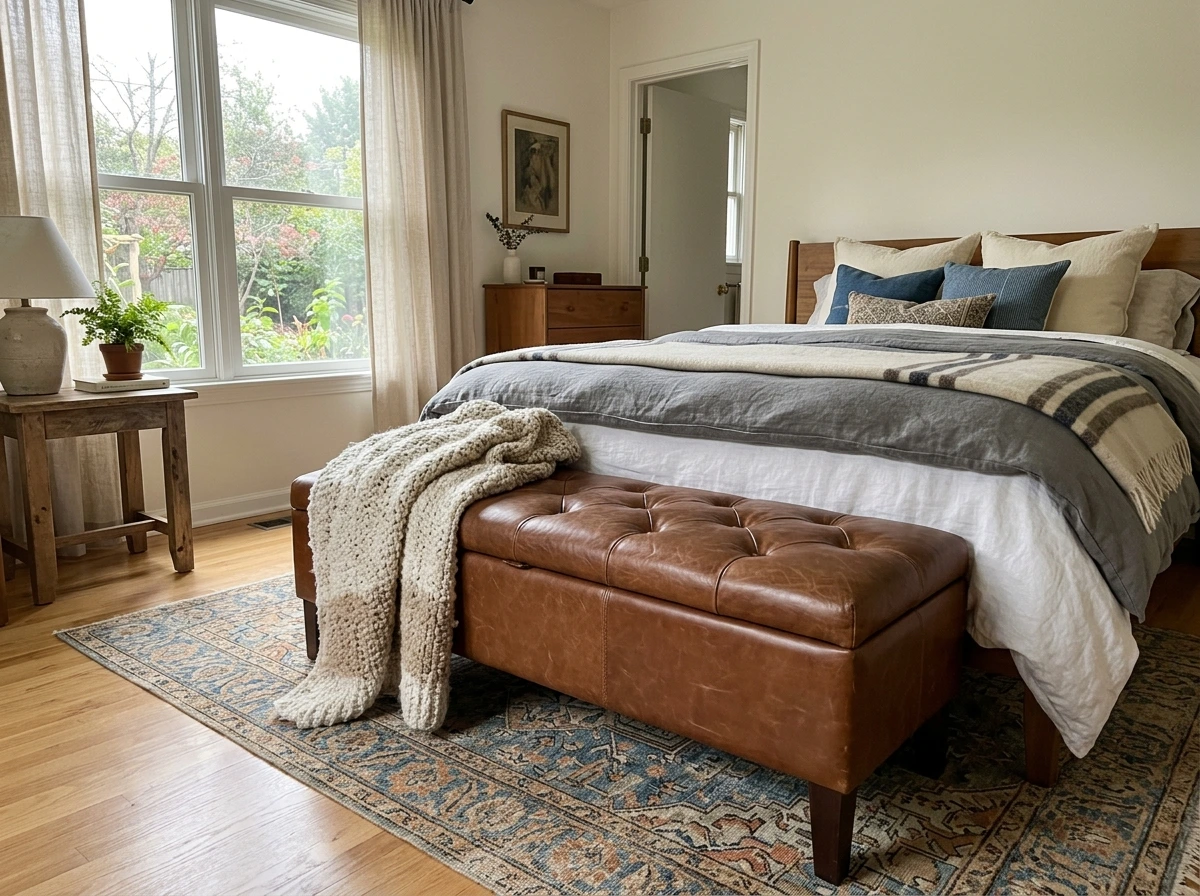 A Leather Trunk Bench at the Foot of the Bed