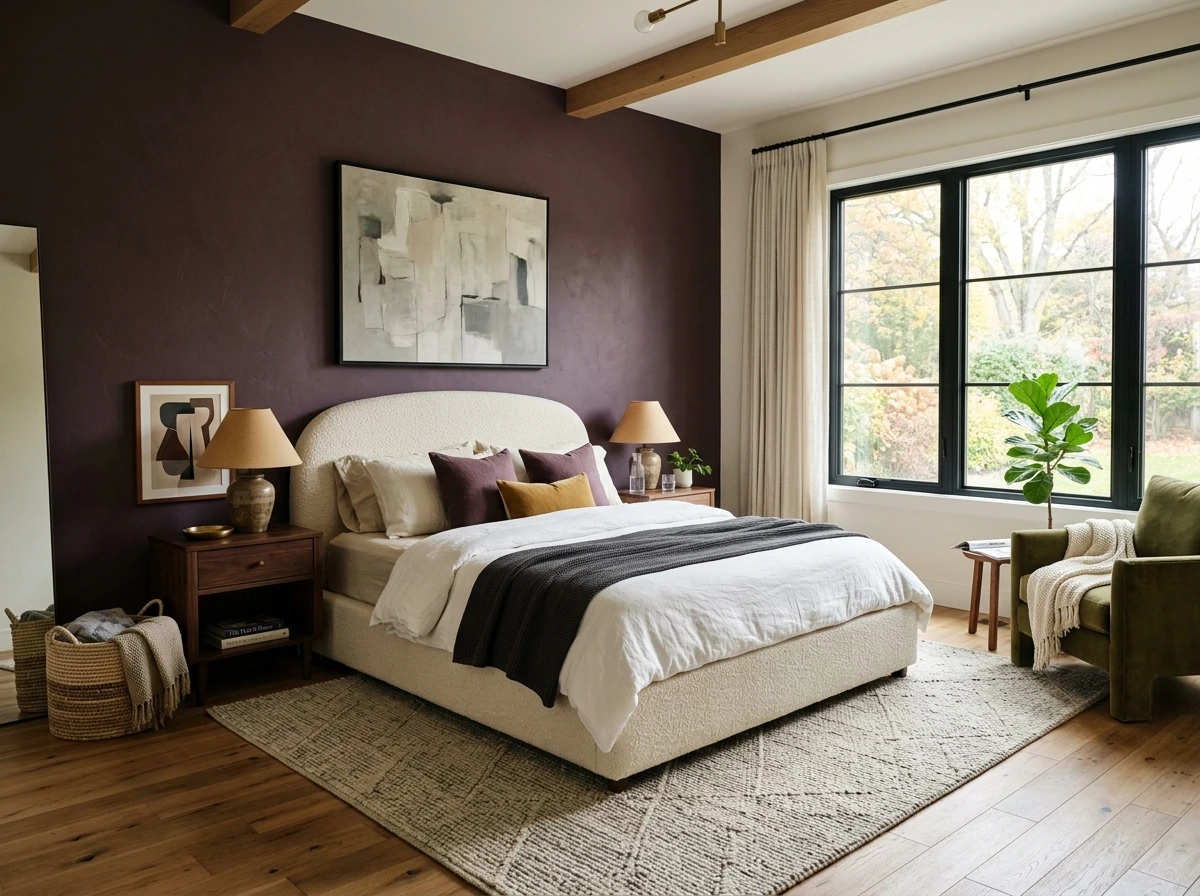A Plum Feature Wall Behind an Upholstered Bed