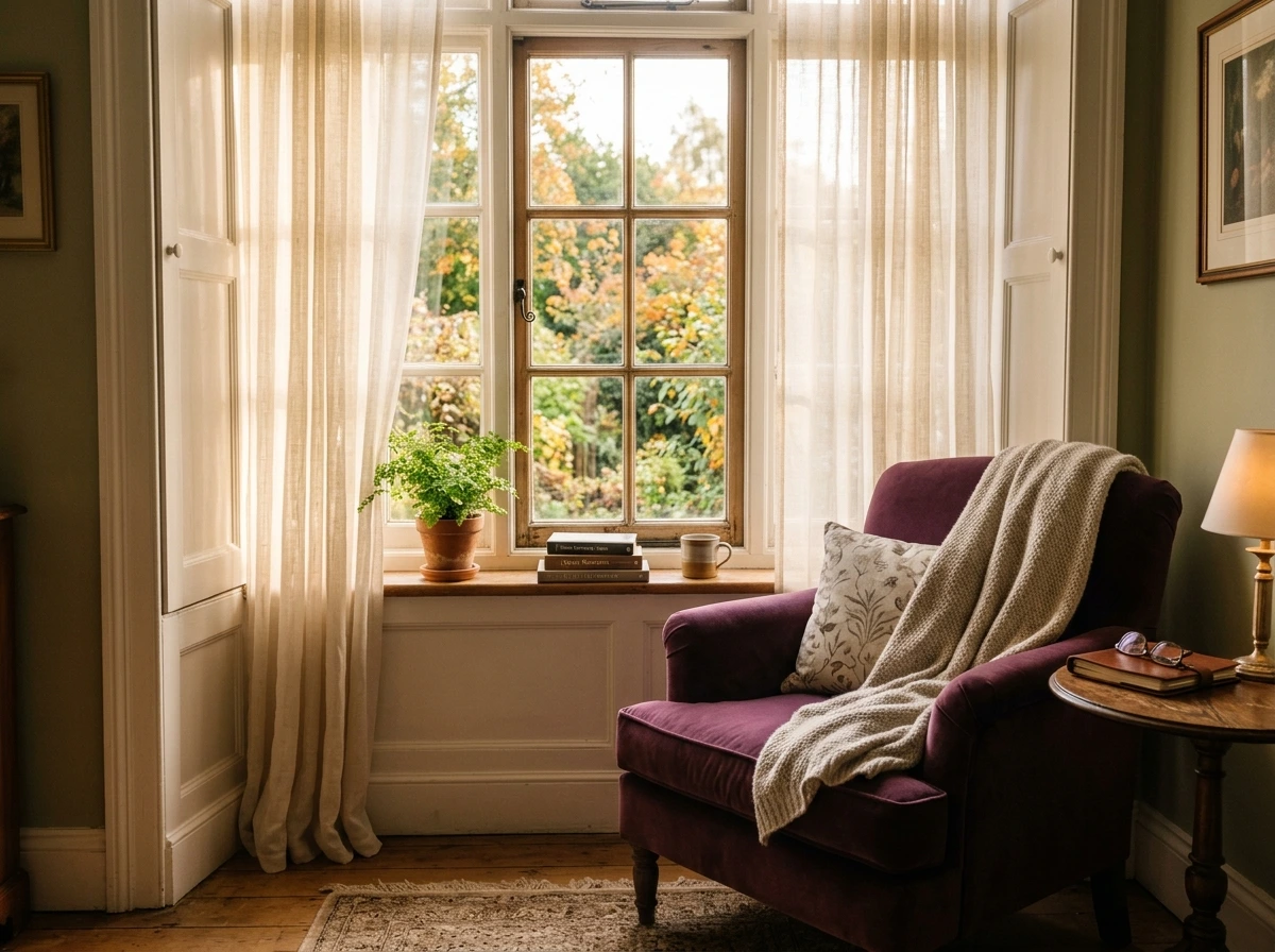 A Plum Reading Chair Tucked Into a Window Nook