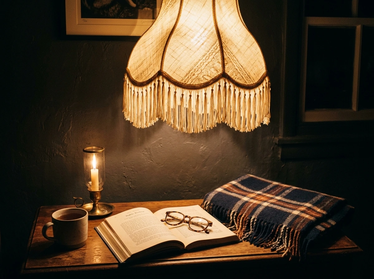 A Single Table Lamp With a Fringed or Fabric Shade