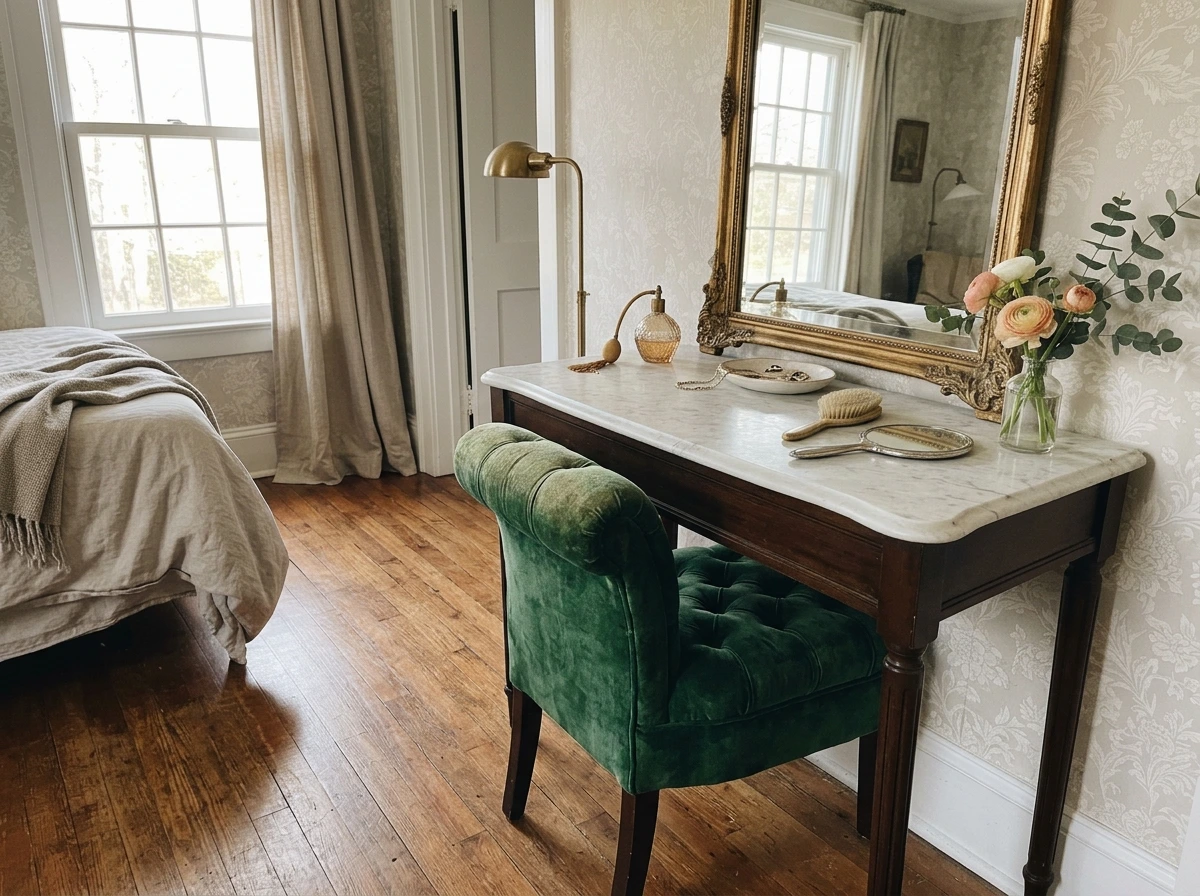 A Vanity Stool Upholstered in Worn Velvet