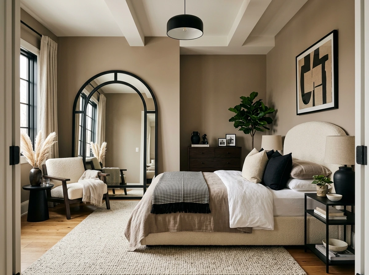 A Warm Taupe-and-Black Bedroom for the Minimalist Romantic