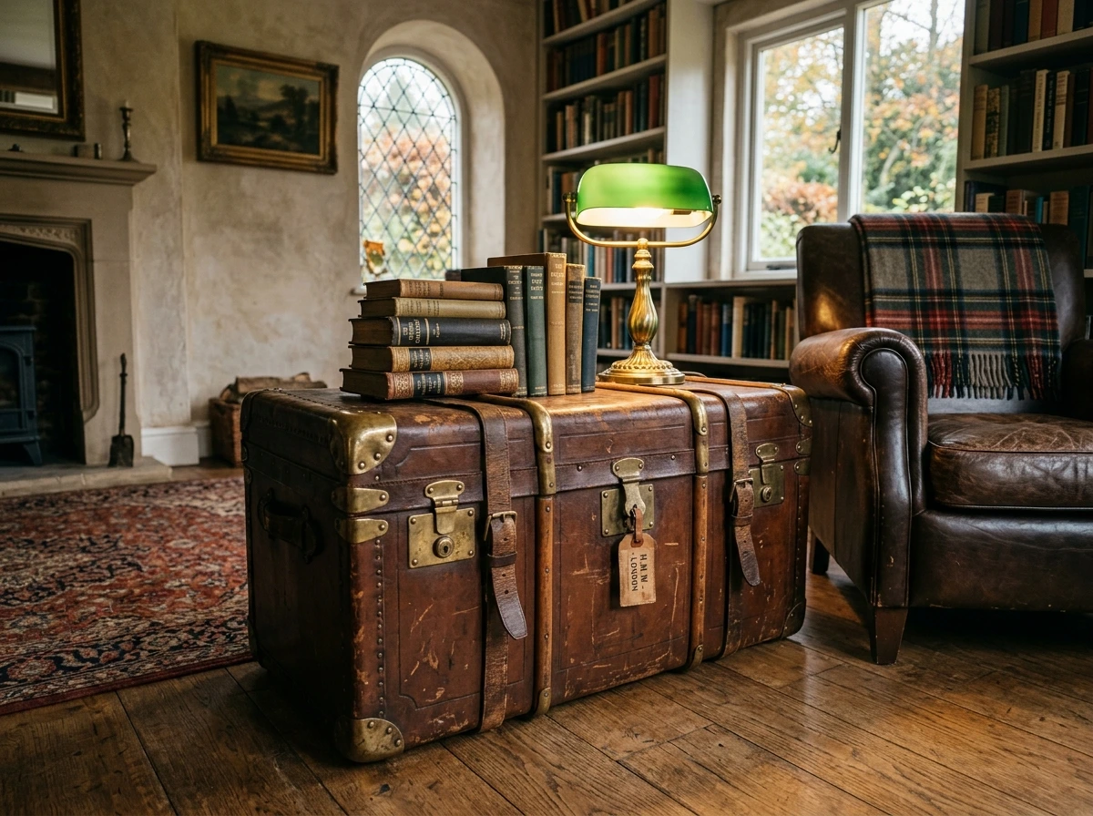A Weathered Travel Trunk Doubling as a Side Table