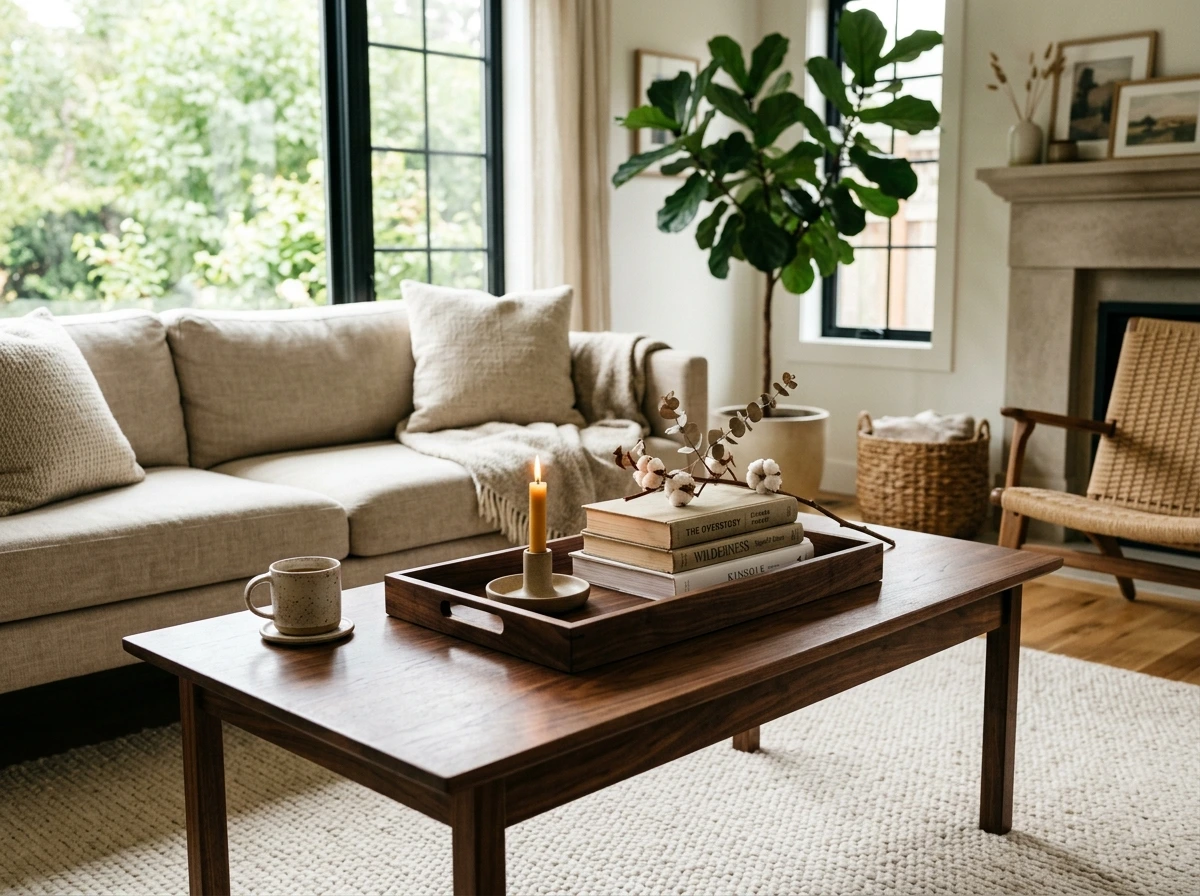 Add a Wood Accent Tray to Anchor the Coffee Table