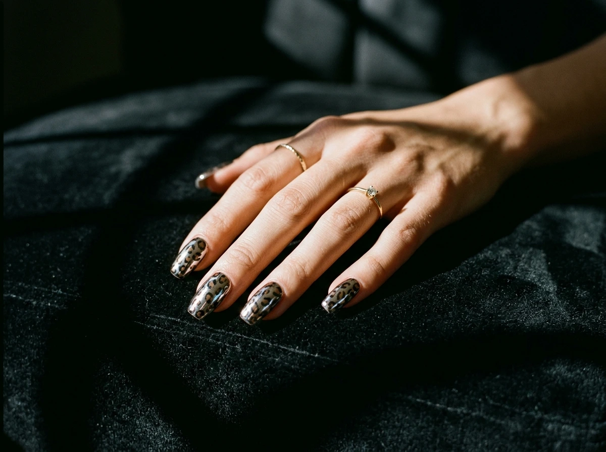 Animal Print Nails With Chrome Powder Finish