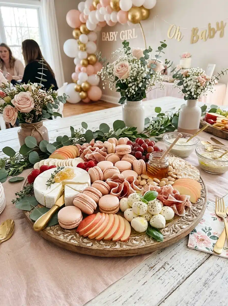 Baby Shower Grazing Board in Blush and White Aesthetic
