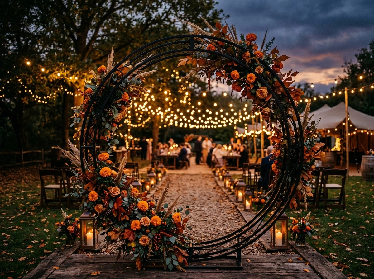 Black Iron Fall Wedding Arch With Burnt Orange Flowers