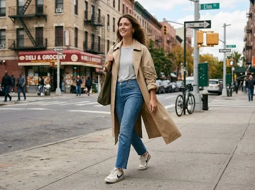 Black Trench Coat Street Style: Oversized With Straight Leg Jeans