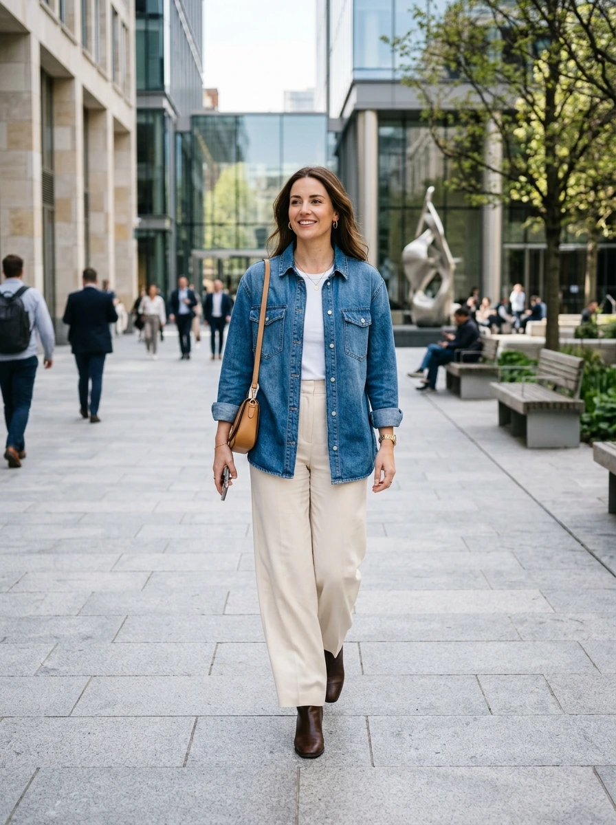 Blue Shacket Outfit With Cream Wide Leg Trousers: Bold Move, Here's Why It Works