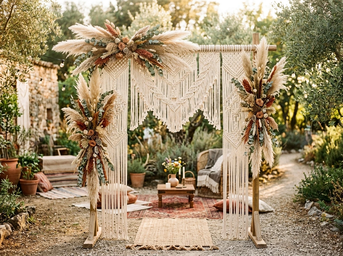 Boho Macrame Fall Wedding Arch With Pampas