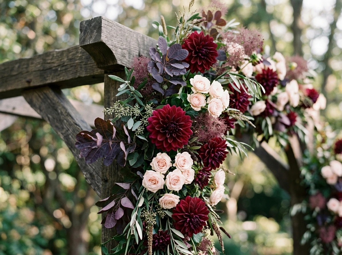 Burgundy and Blush Fall Wedding Arch Flowers