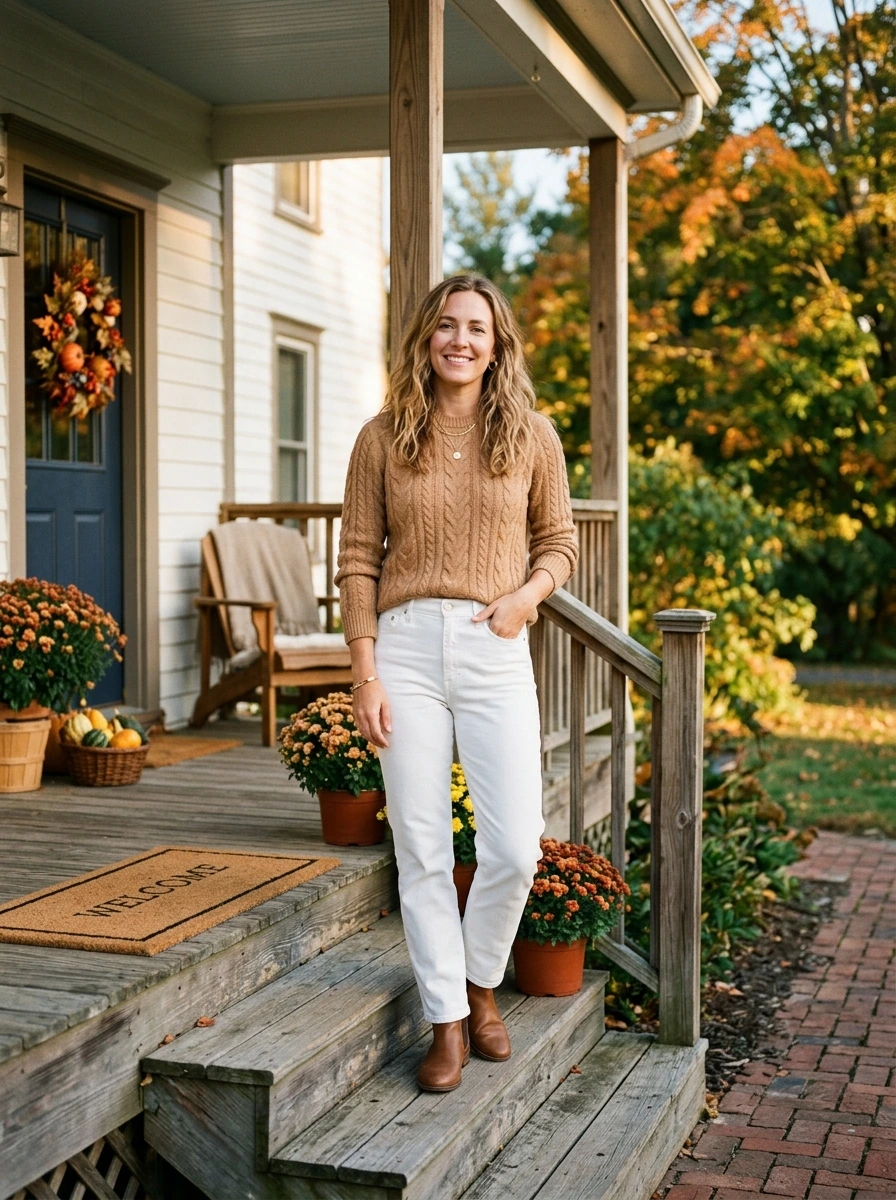 Camel Sweater With White Jeans, the Fall Bridge You Didn't Know You Needed