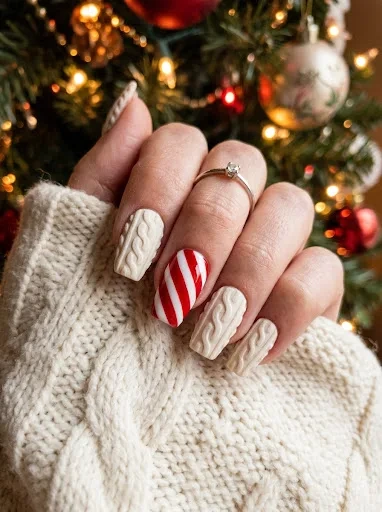 Candy Cane Accents Bring Festive Charm to Cable Knit Sweater Nails