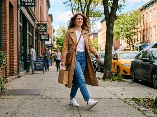 Casual Trench Coat Outfit: Straight Jeans and White Sneakers