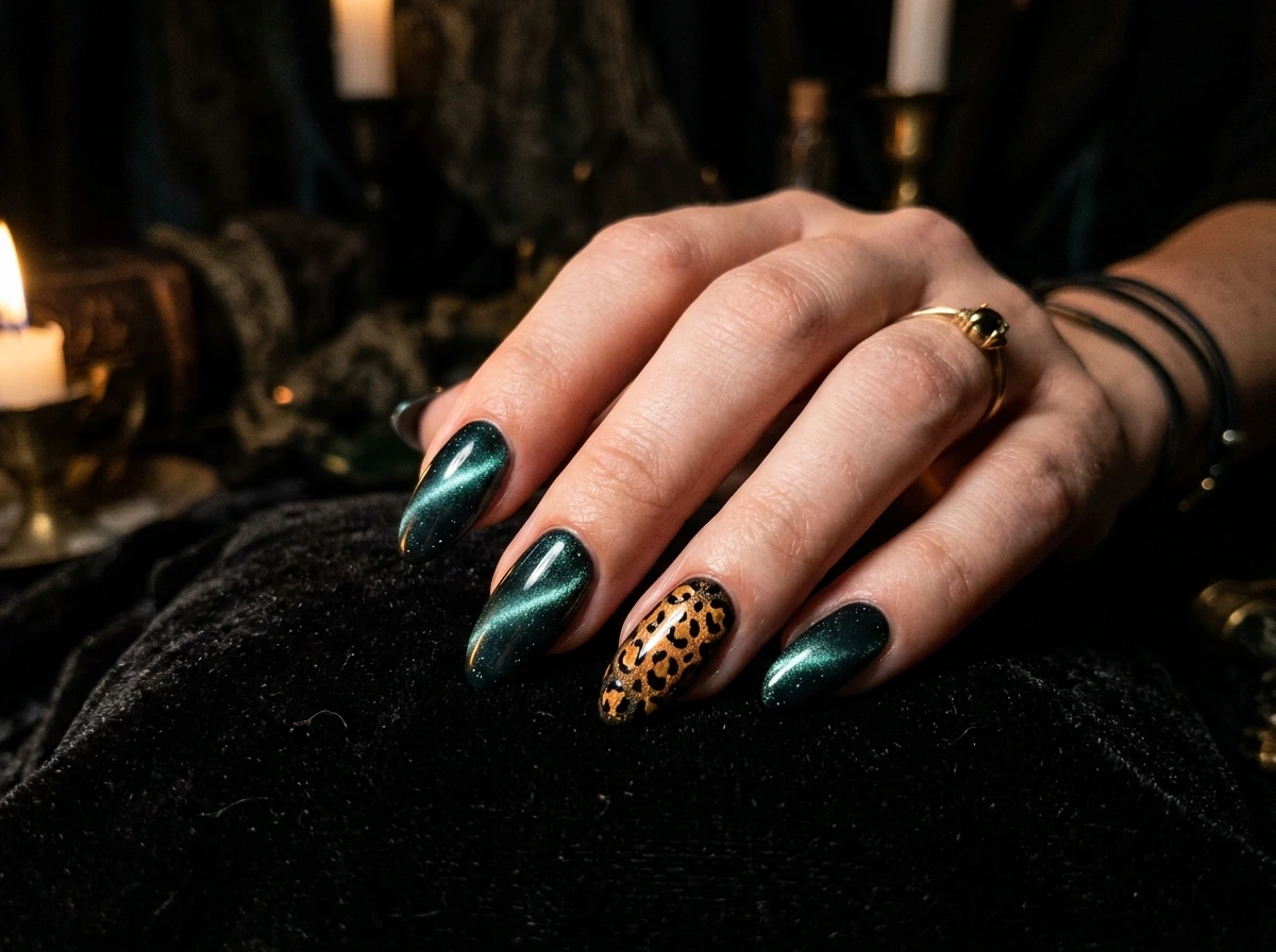Cat Eye Nails Combined With Animal Print Accent