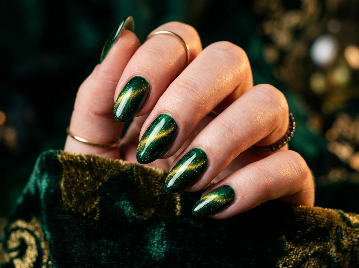 Cat Eye Nails In Green And Gold For The Most Dramatic Result