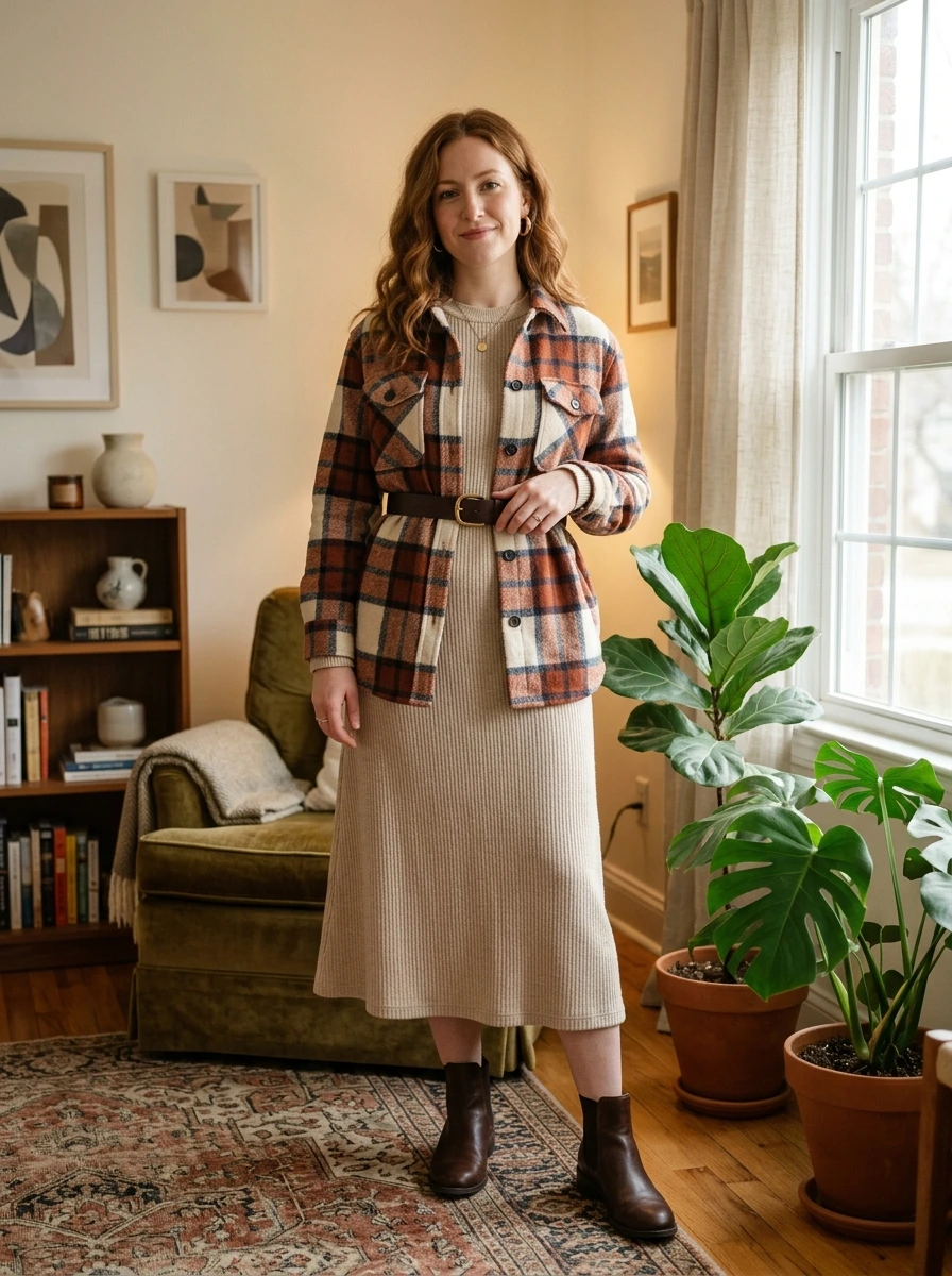 Check Shacket Belted Over a Knit Midi Dress: The Breakdown Reveal