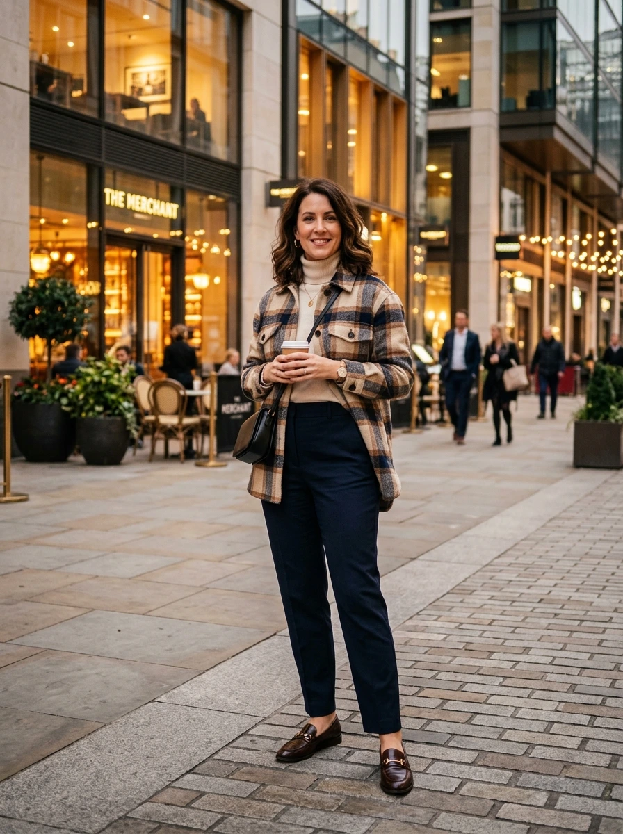 Check Shacket Outfit With Tailored Trousers and Loafers: Here's the Breakdown