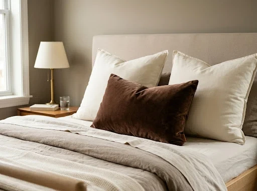 Chocolate Velvet Pillows on a Neutral Bed, and Why Restraint Makes It Work
