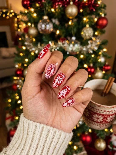 Classic Red and White Christmas Sweater Nails Never Go Out of Style