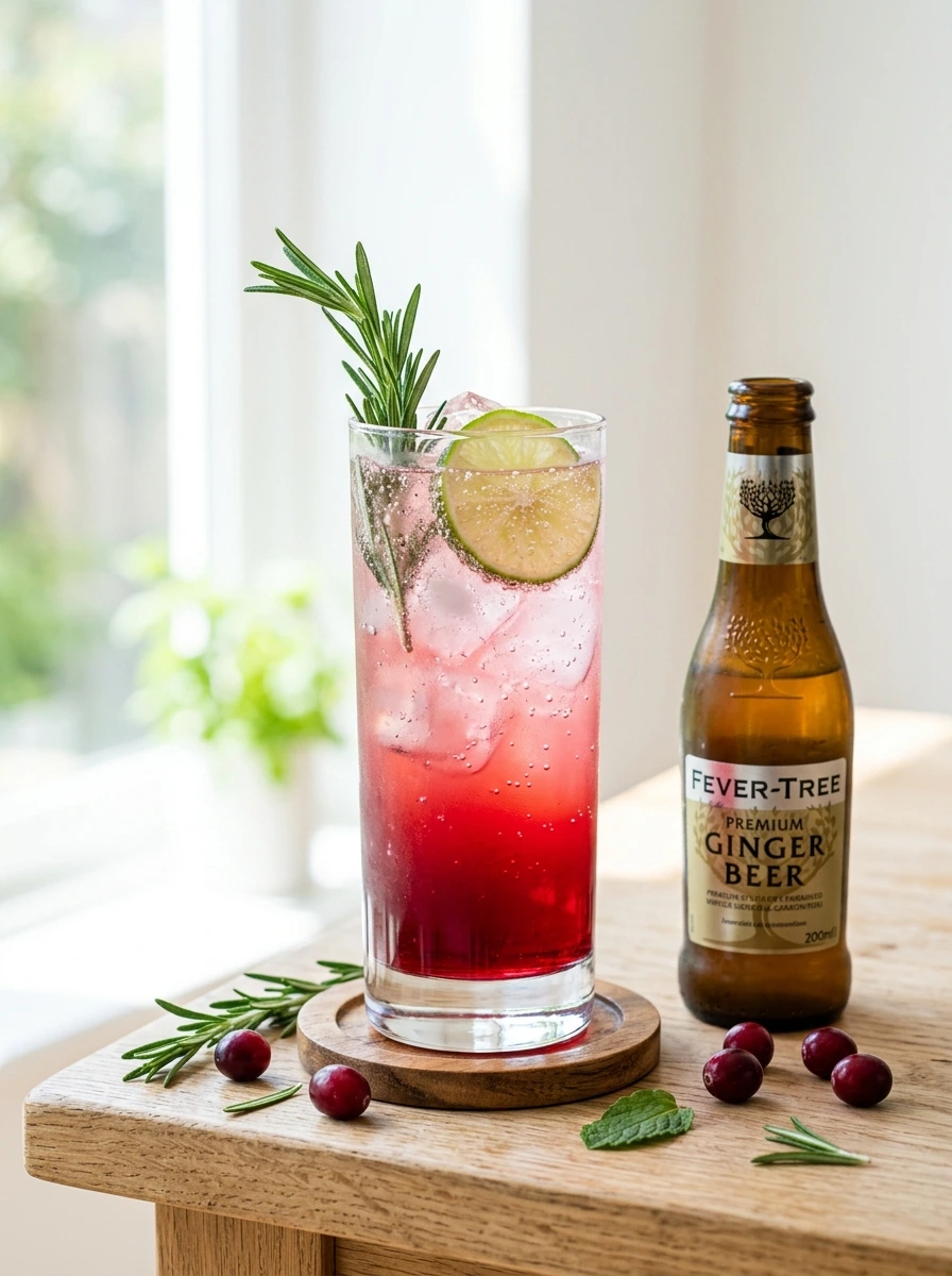 Cranberry Ginger Mocktail With a Rosemary Sprig Garnish