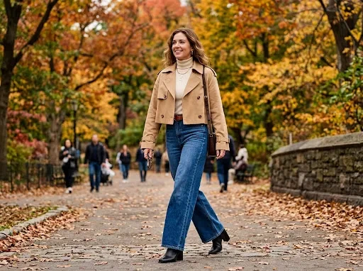 Crop Trench Coat Outfit: High Waist Wide Leg Jeans