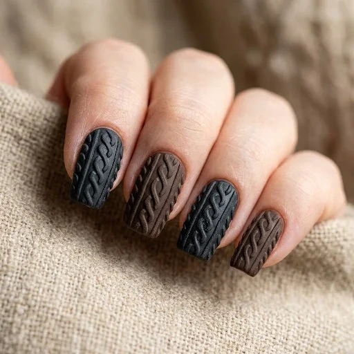 Dark Charcoal and Brown Cable Knit Nails Built for Winter Weather