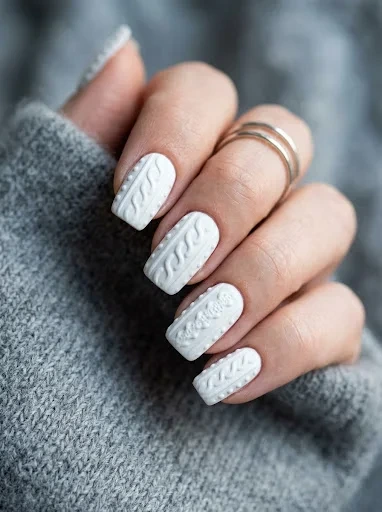 Embossed White Texture Gives Winter Sweater Nail Designs Real Dimension