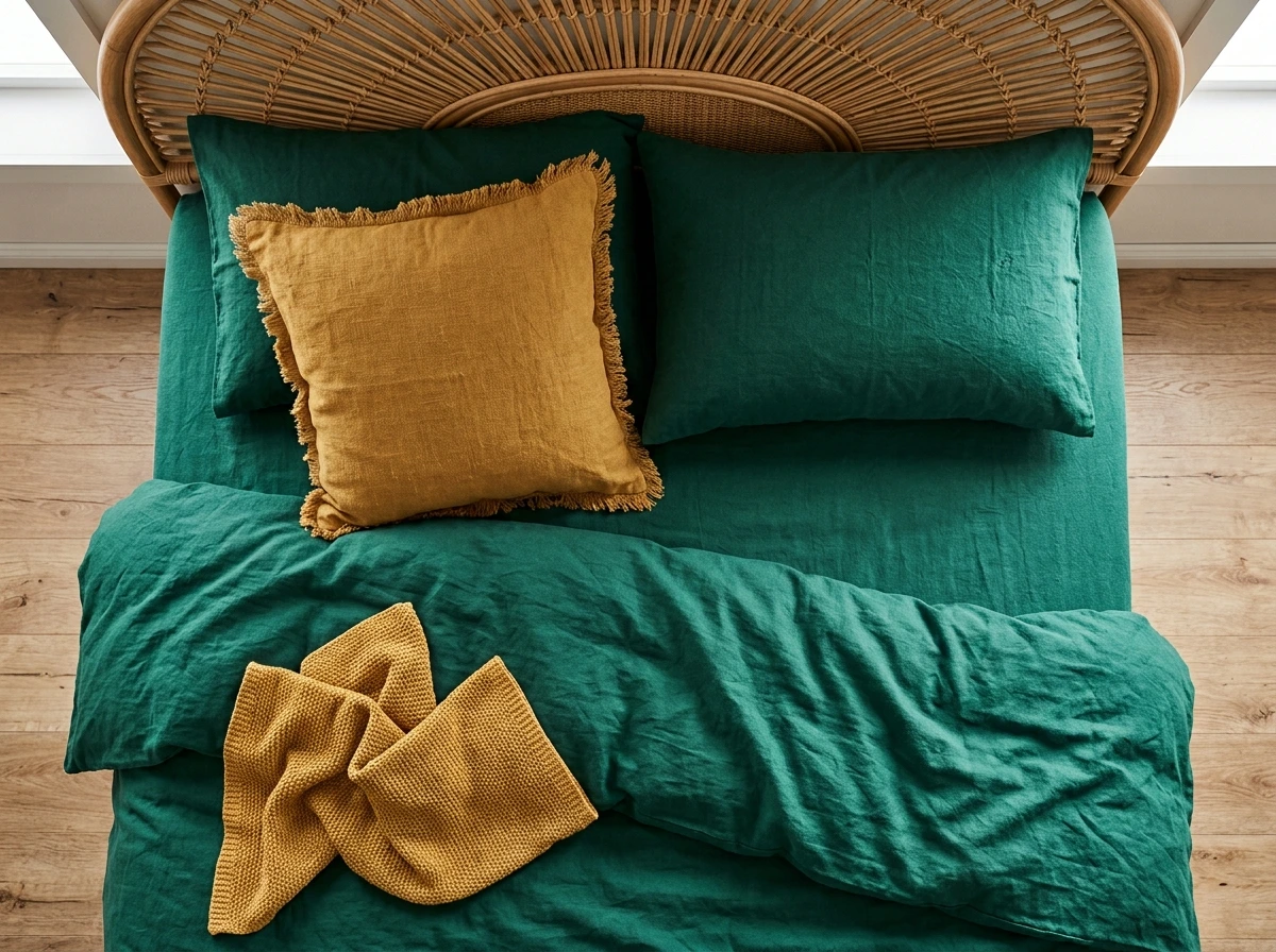 Emerald Bedding Paired With Warm Wood Tones
