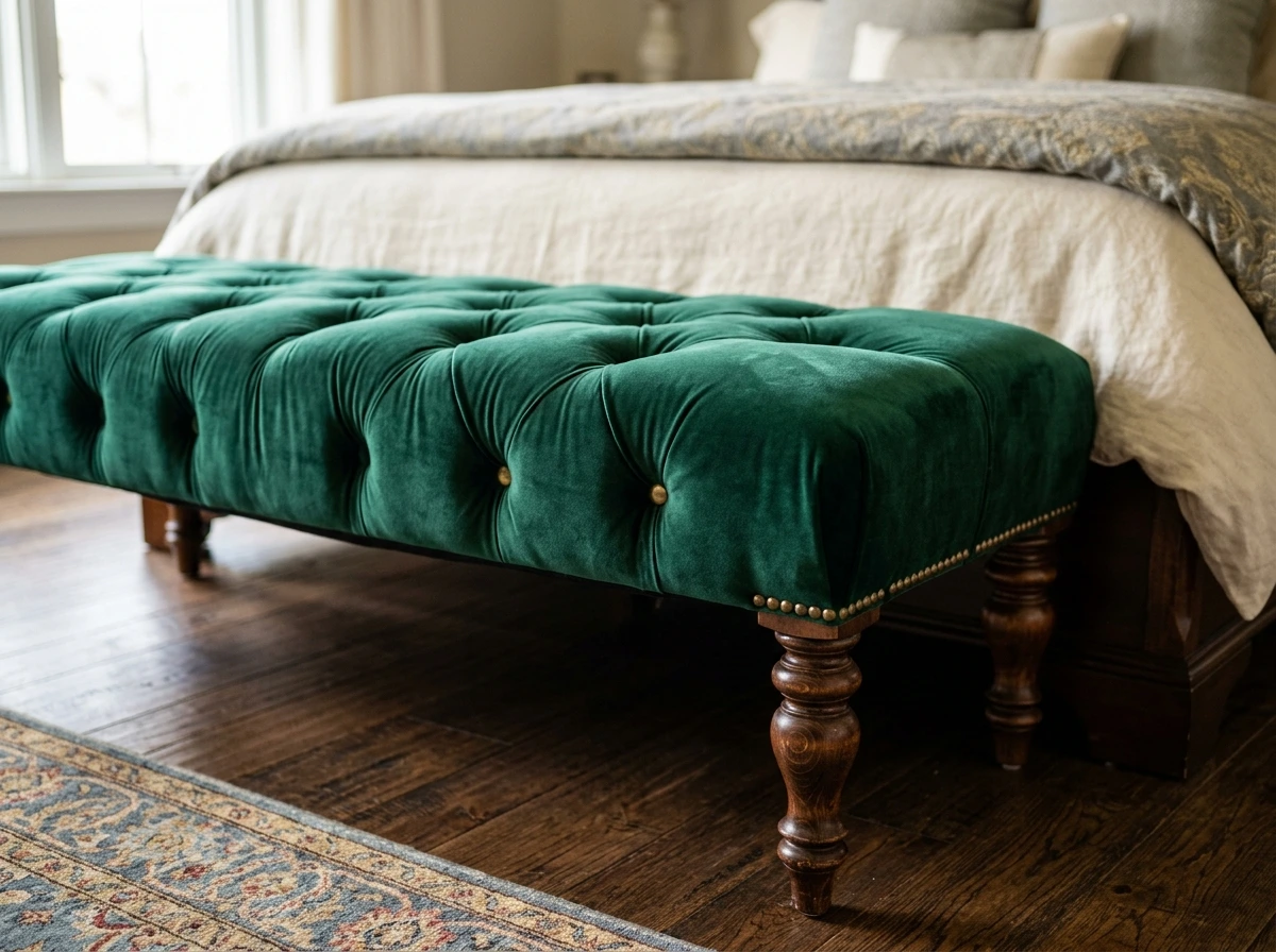 Emerald Velvet Bench at the Foot of the Bed