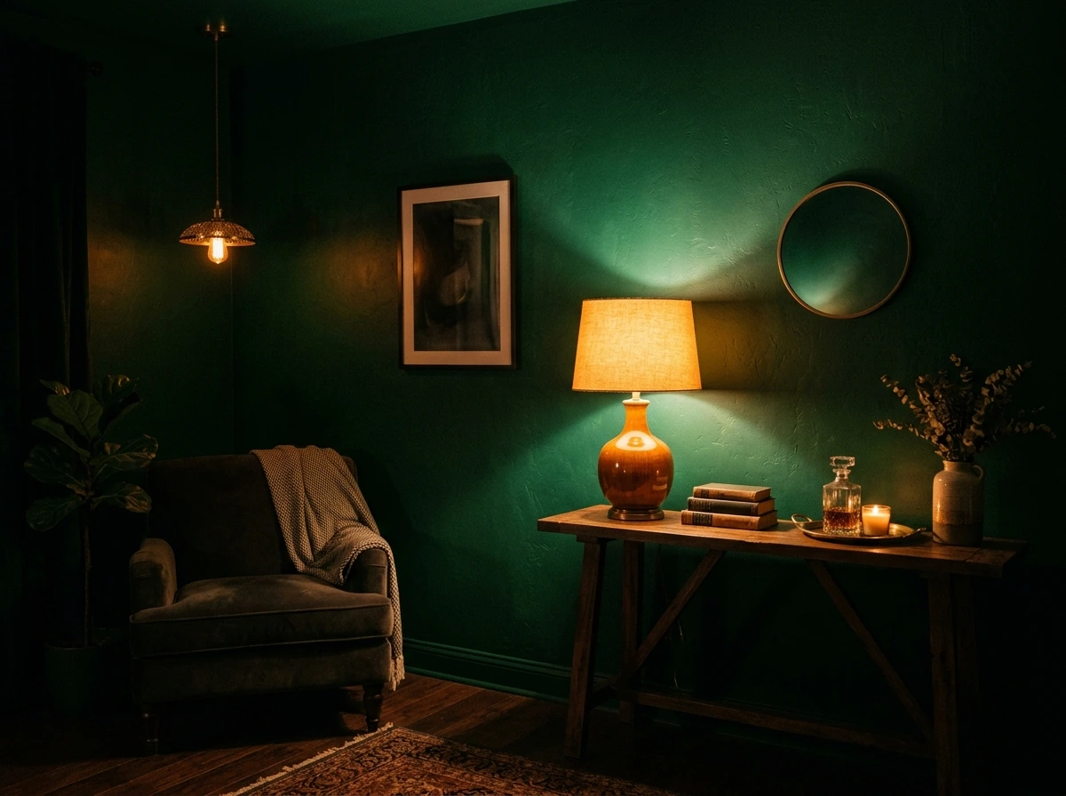 Emerald Walls Lit for Warmth, Not Gloom