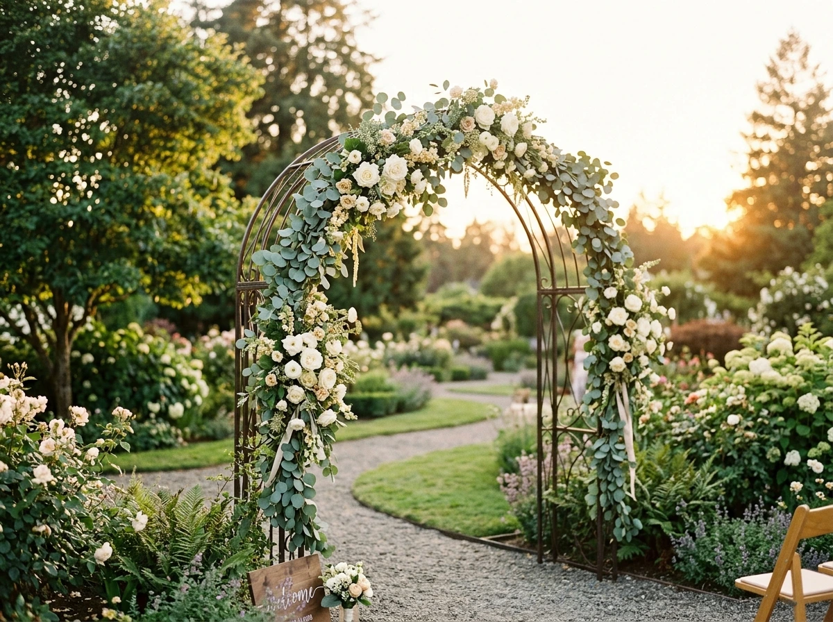 Eucalyptus and White Rose Fall Wedding Arch