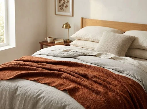 Fall Bedding Aesthetic With Warm Throws and Deep Tones