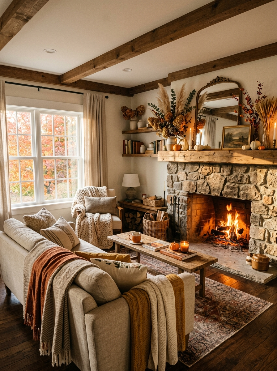 Fall Changes a Fireplace Living Room More Than Any Other Season Does