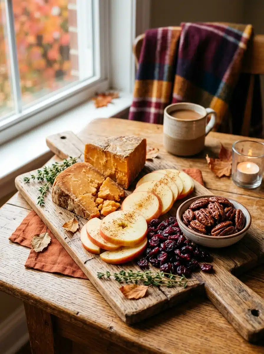 Fall Charcuterie Board With Warm Spiced Nuts, Apple Slices, and Aged Gouda