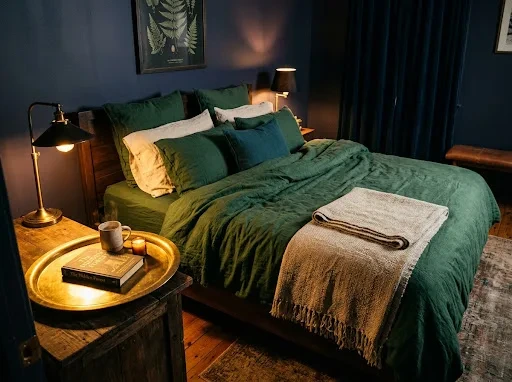 Forest Green and Warm Brass, and the Bed That Feels Like a Study