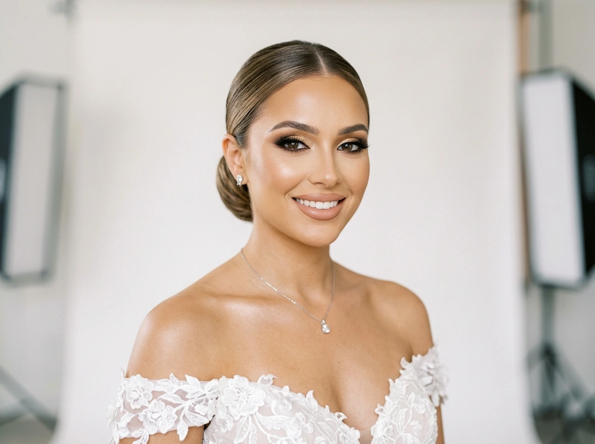 Full Glam Makeup Becomes a Sleek Updo Moment for the Modern Bride