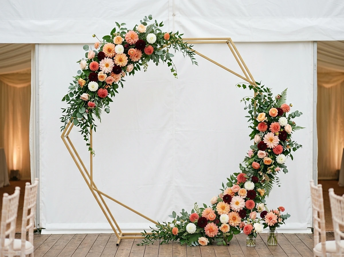 Geometric Metal Fall Wedding Arch With Fall Blooms