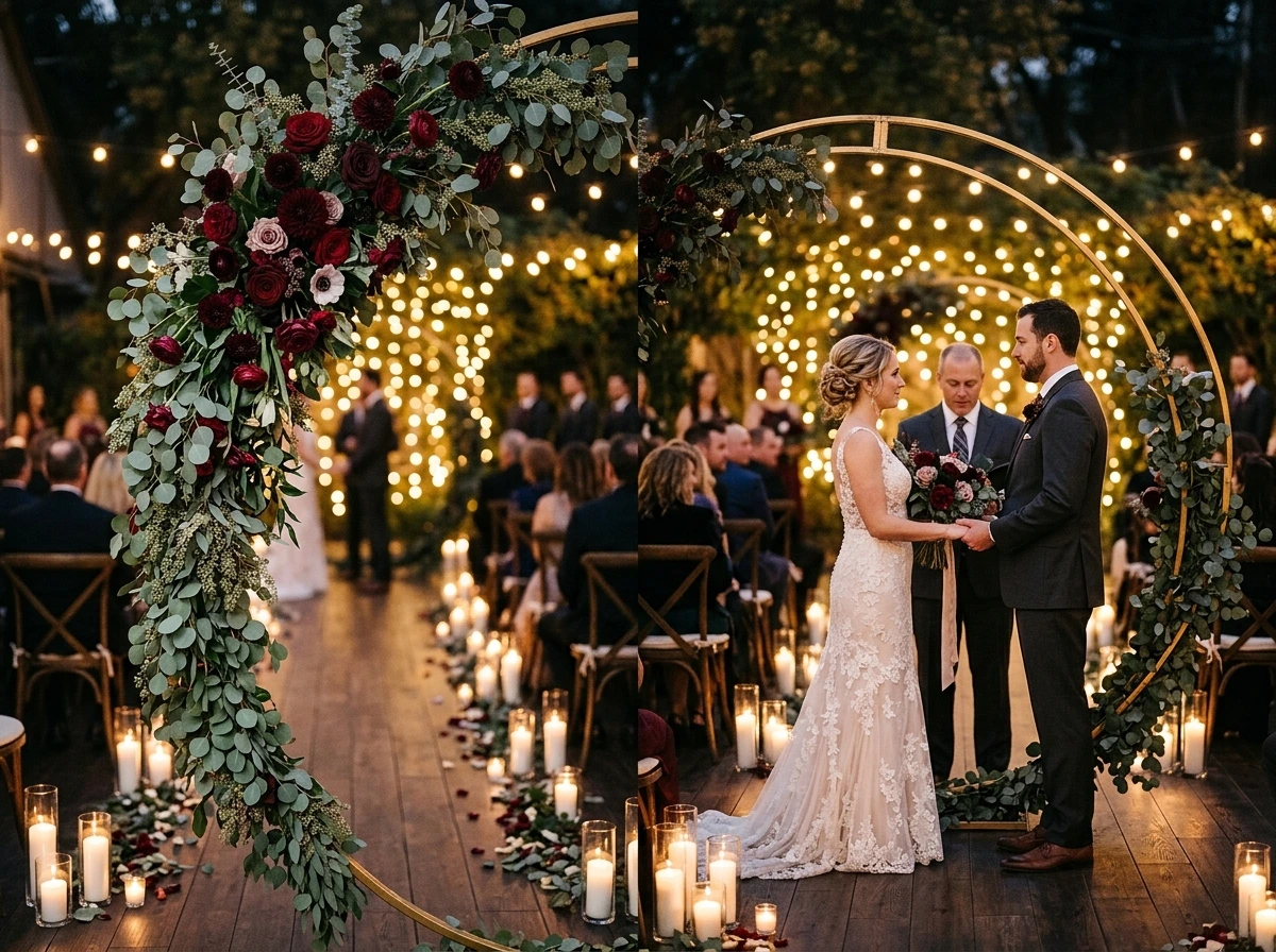 Gold Hoop Fall Wedding Arch With Fall Foliage