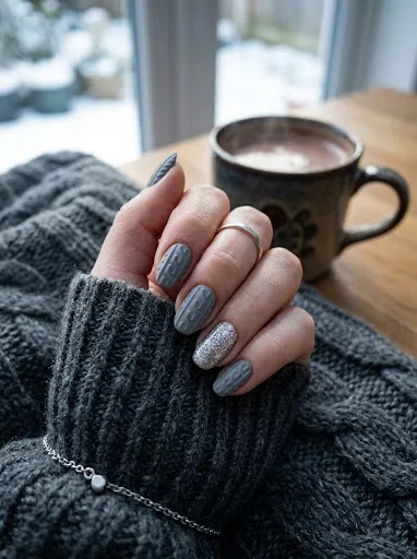 Grey Winter Sweater Nails Get a Lift From a Silver Shimmer Accent