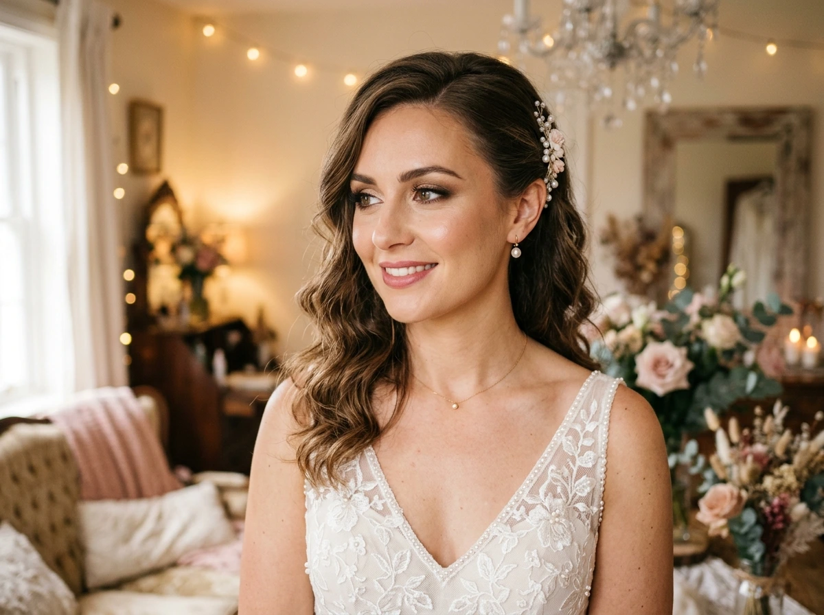 How Soft Glam Makeup Pairs With One-Side Pinned Bridal Hair