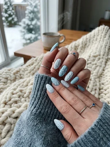 Icy Blue and White: The Winter Sweater Nail Design That Feels Like a Snow Day