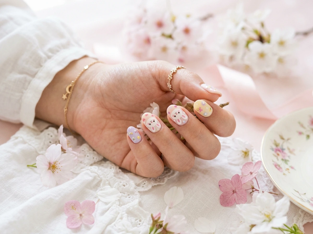 Kawaii Bunny Nail Design In Pastel And White Palette
