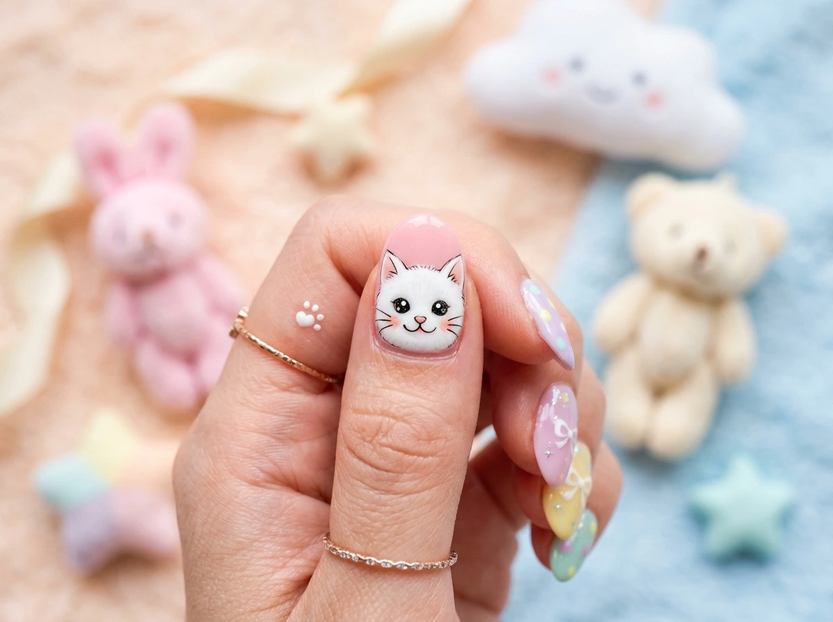 Kawaii Cat Face Nail Art With Whisker Detail