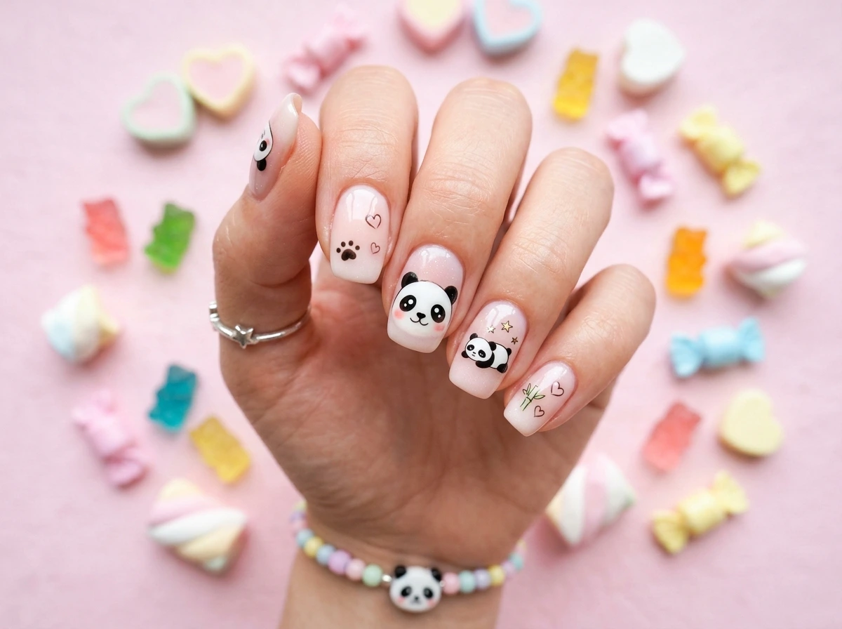 Kawaii Panda Nail Design In Black And White With Blush