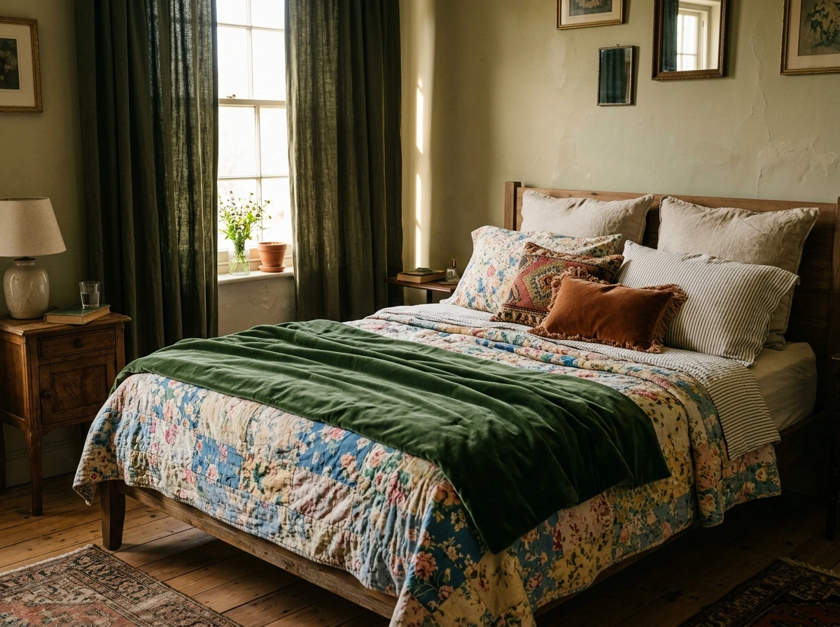 Layered Vintage Bedding Instead of a Matched Set