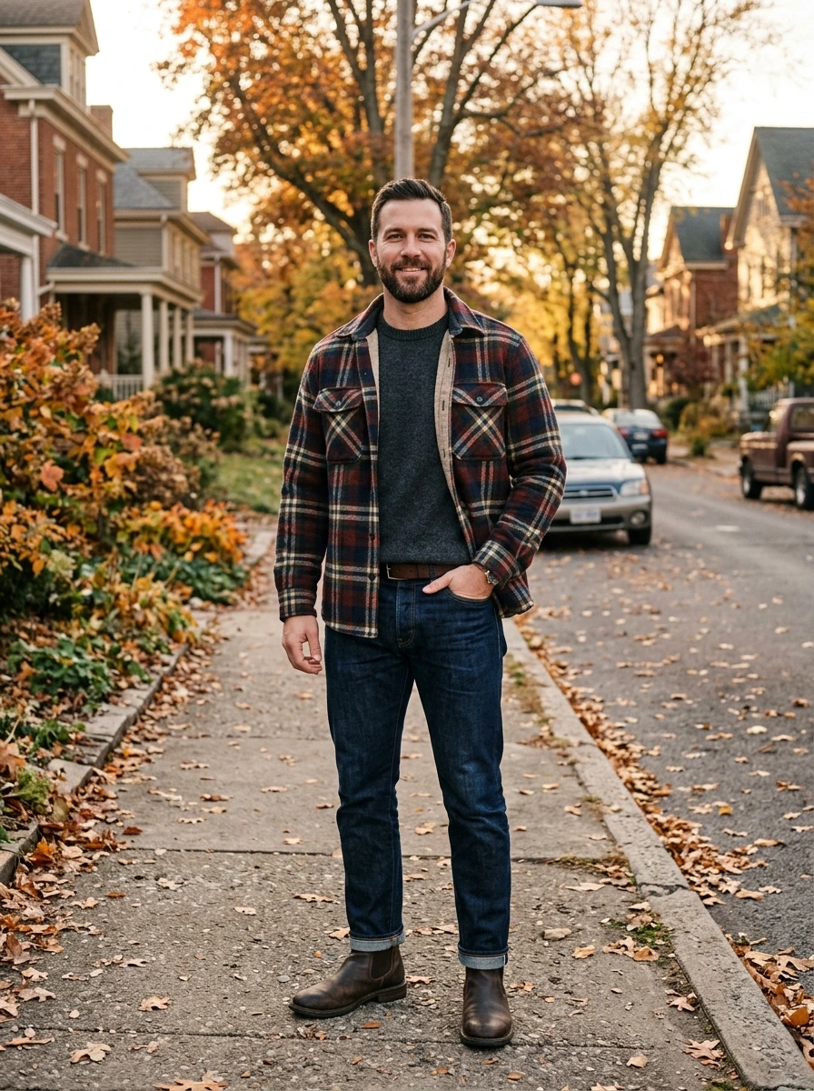 Men's Plaid Shacket With Dark Jeans and Chelsea Boots: Finally a Trend Worth Following
