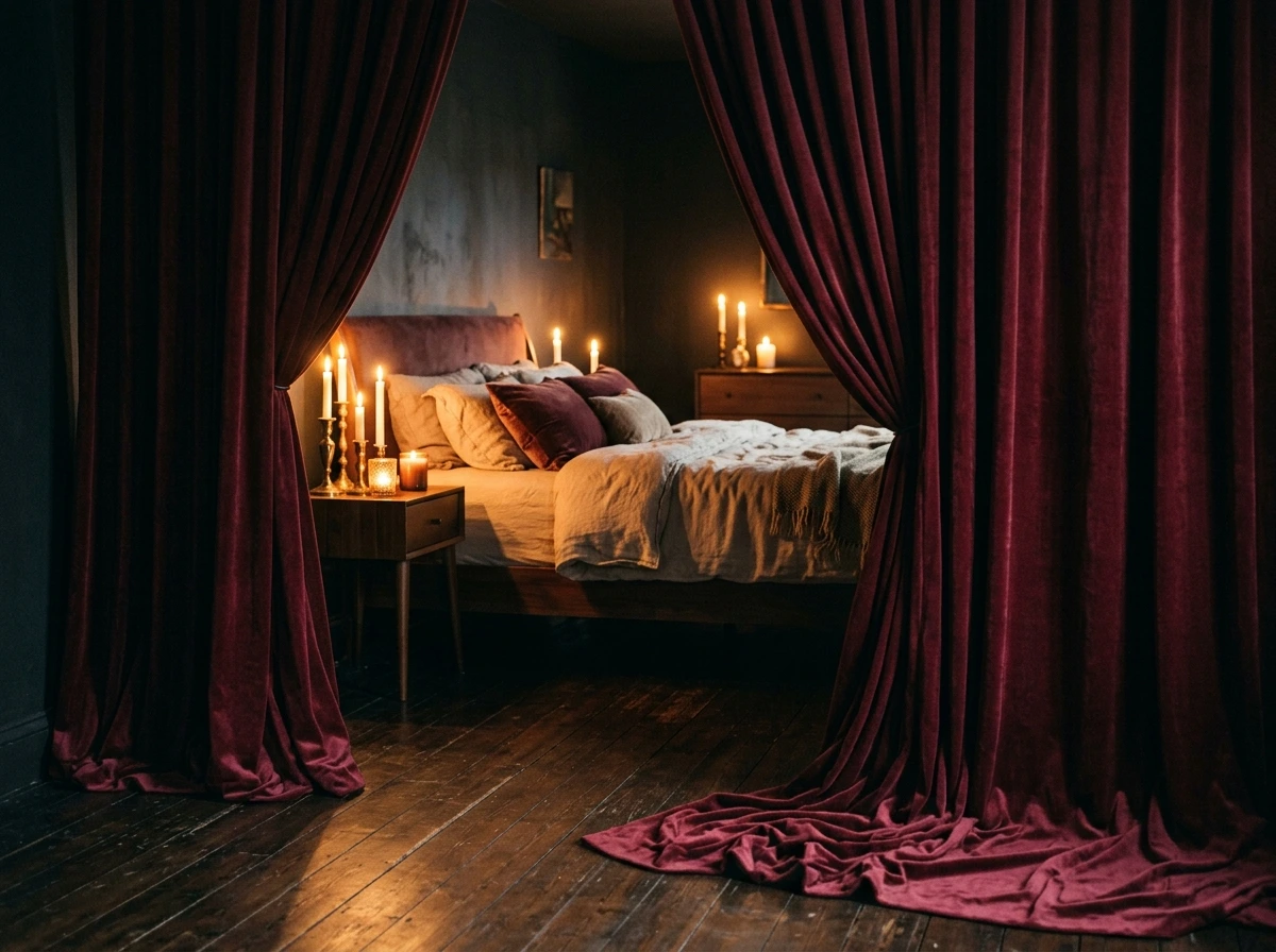 Merlot Drapery That Frames the Bed Like a Stage